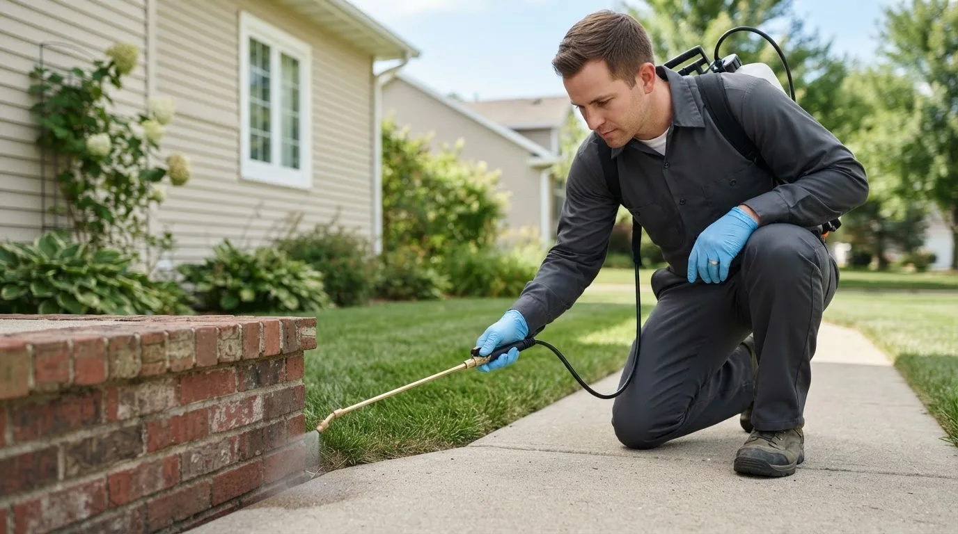 Pest control technician treating a home near Stratford, IA